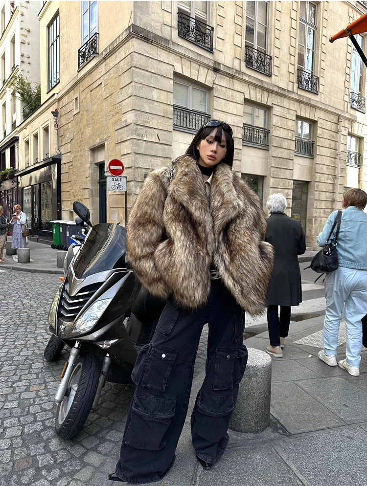 Manteau en fourrure de raton laveur, col à revers, style décontracté