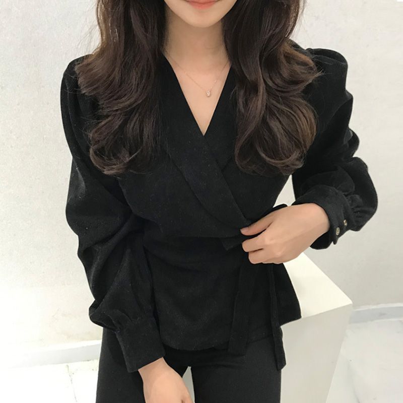Haut de chemise à manches bouffantes à la taille à lacets sur le côté pour femmes