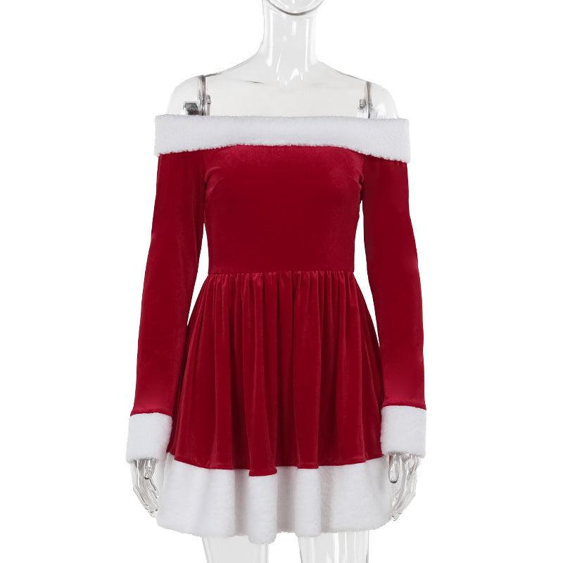 Robe de Noël Femme Épaules Dénudées avec Finitions en Peluche
