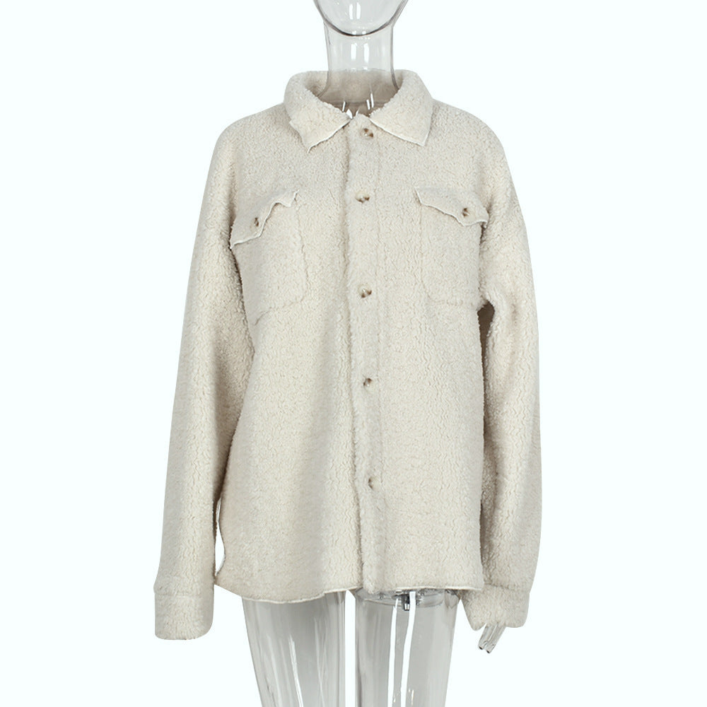 Manteau Long en Peluche à Boutons et Manches Longues pour Femme