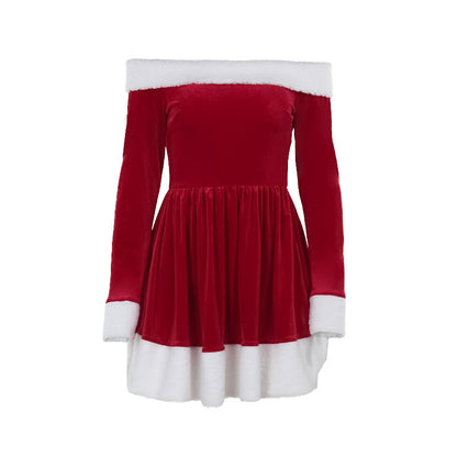 Robe de Noël Femme Épaules Dénudées avec Finitions en Peluche