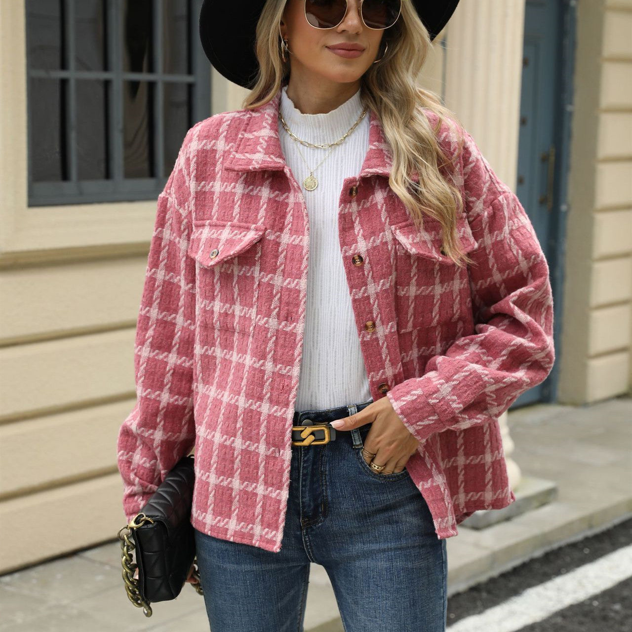 Manteau ample à manches longues et à carreaux pour femmes