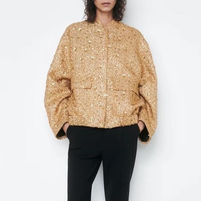 Veste courte à poches et perles pour femme